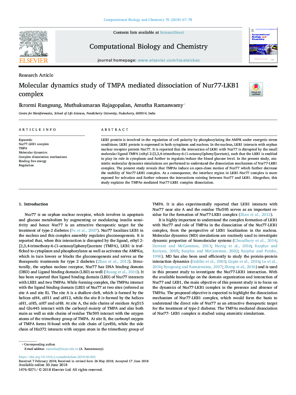 Molecular dynamics study of TMPA mediated dissociation of Nur77-LKB1 complex