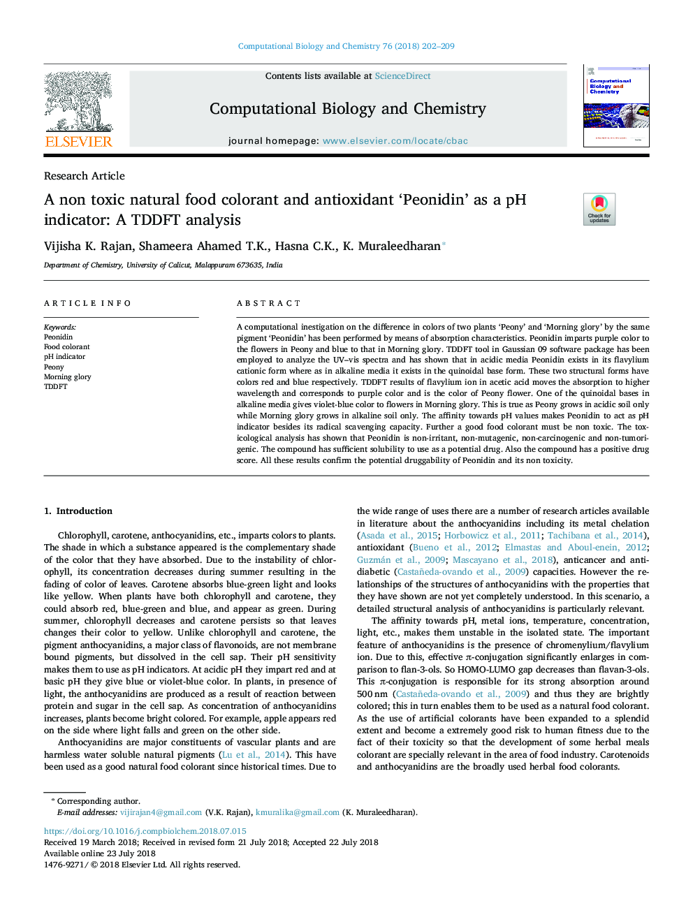 A non toxic natural food colorant and antioxidant 'Peonidin' as a pH indicator: A TDDFT analysis