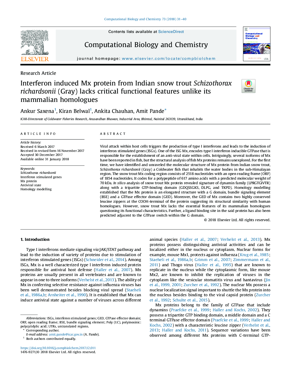 Interferon induced Mx protein from Indian snow trout Schizothorax richardsonii (Gray) lacks critical functional features unlike its mammalian homologues