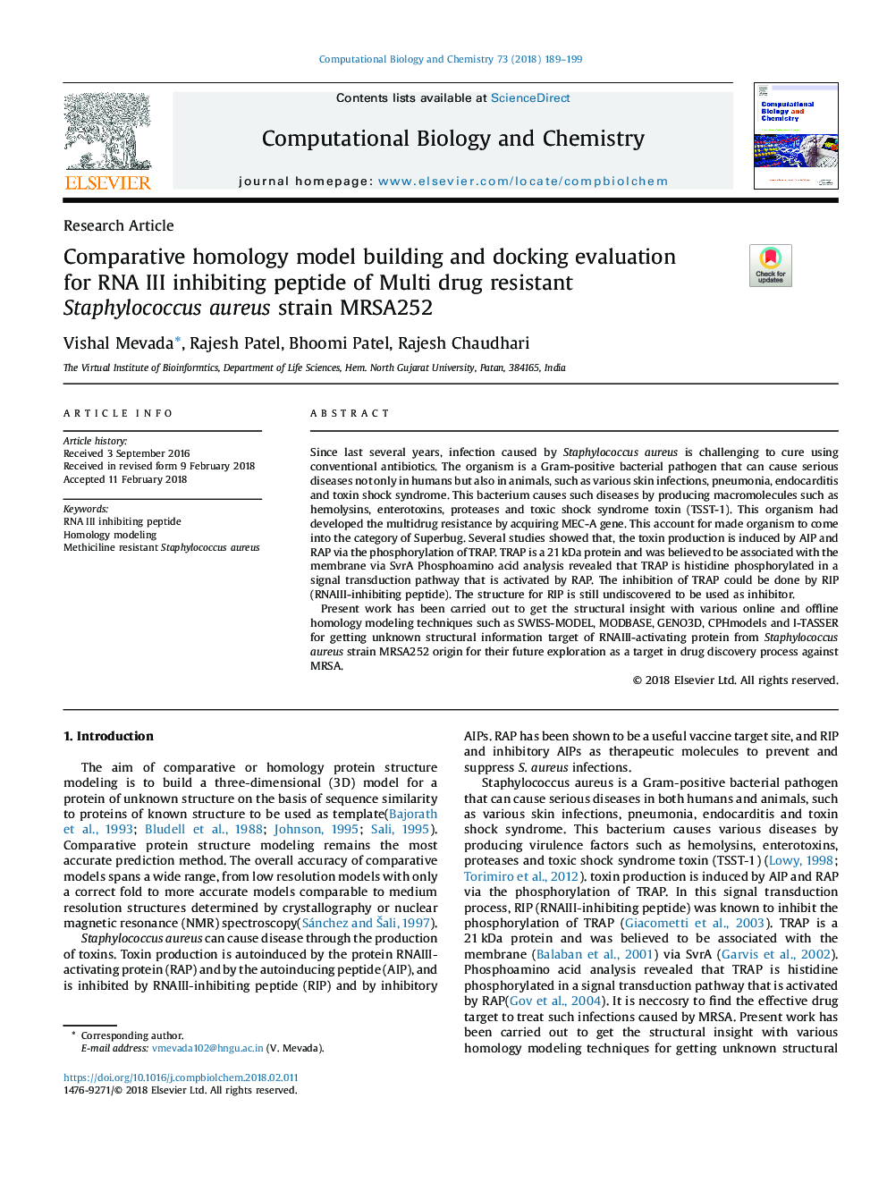 Comparative homology model building and docking evaluation for RNA III inhibiting peptide of Multi drug resistant Staphylococcus aureus strain MRSA252