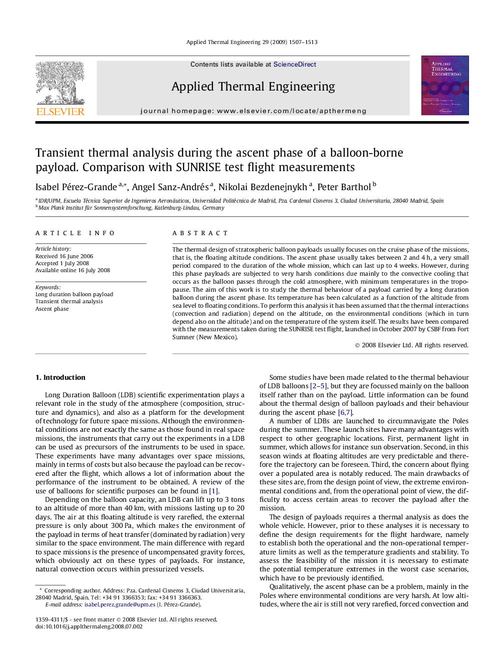 Transient thermal analysis during the ascent phase of a balloon-borne payload. Comparison with SUNRISE test flight measurements