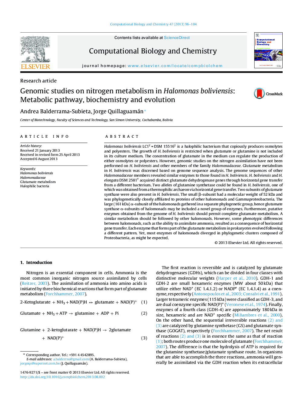 Genomic studies on nitrogen metabolism in Halomonas boliviensis: Metabolic pathway, biochemistry and evolution