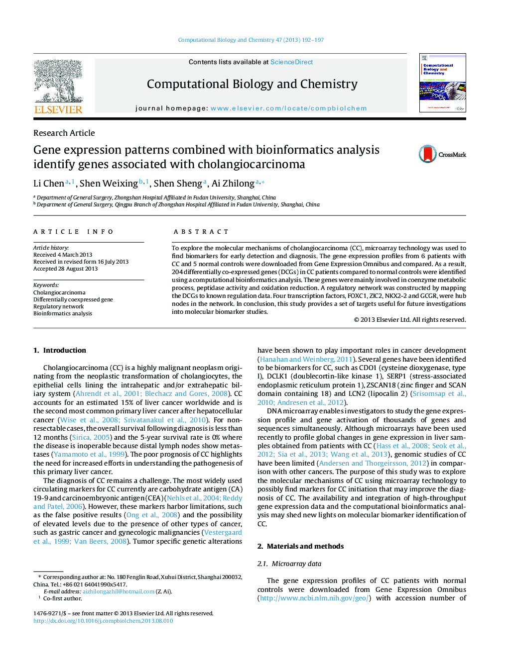 Gene expression patterns combined with bioinformatics analysis identify genes associated with cholangiocarcinoma