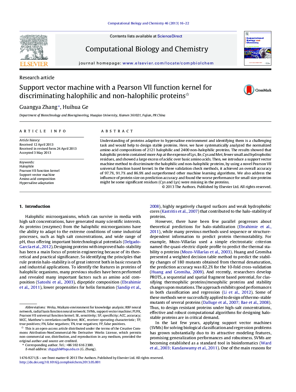 Support vector machine with a Pearson VII function kernel for discriminating halophilic and non-halophilic proteins