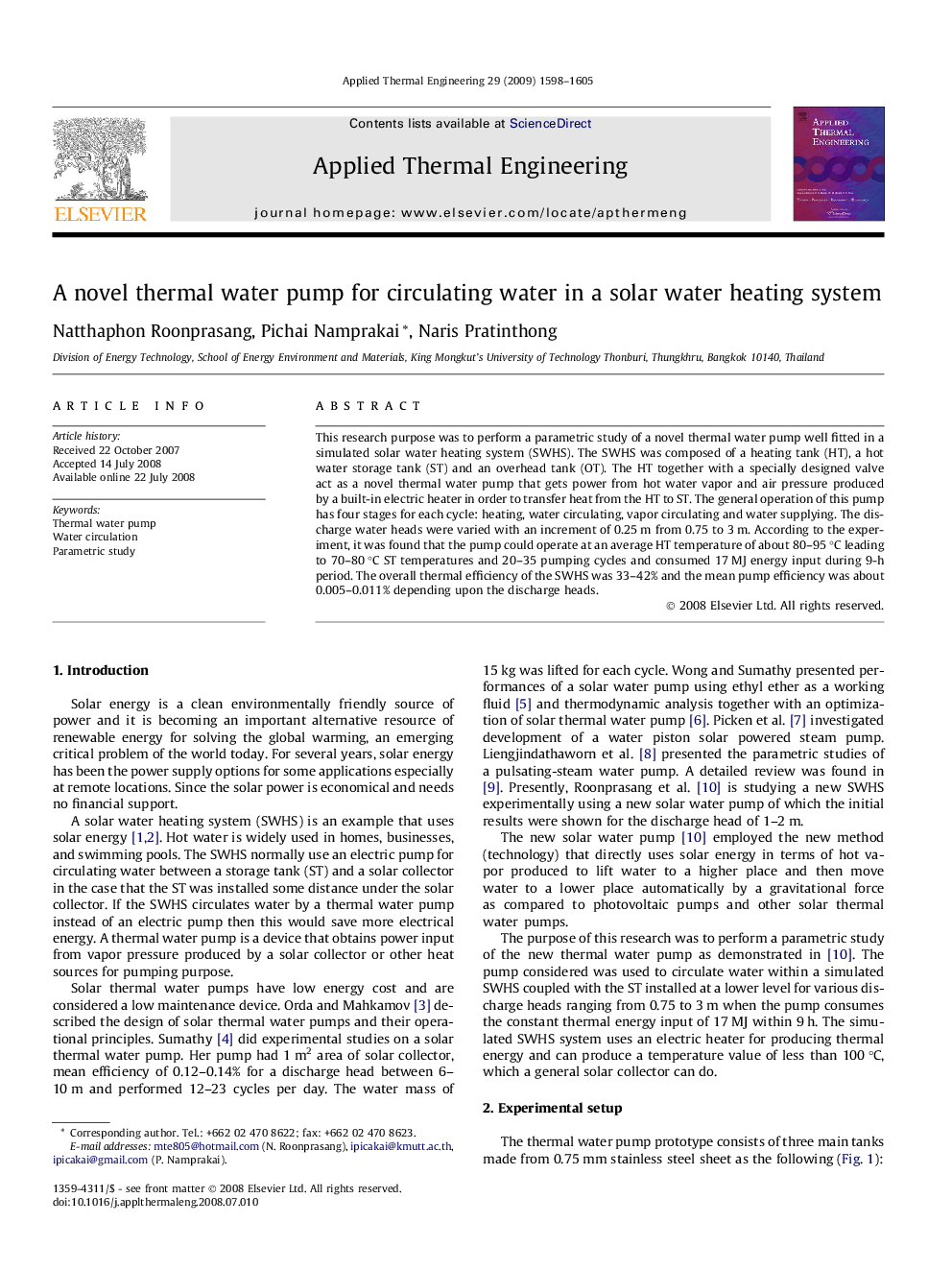 A novel thermal water pump for circulating water in a solar water heating system