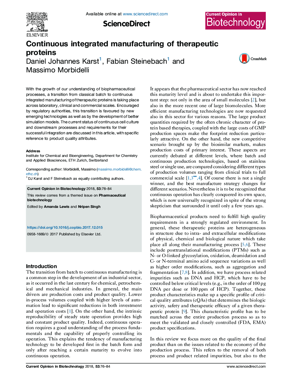 Continuous integrated manufacturing of therapeutic proteins