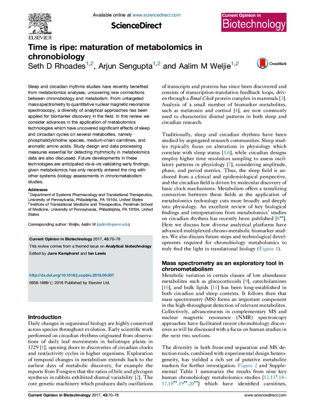 Time is ripe: maturation of metabolomics in chronobiology