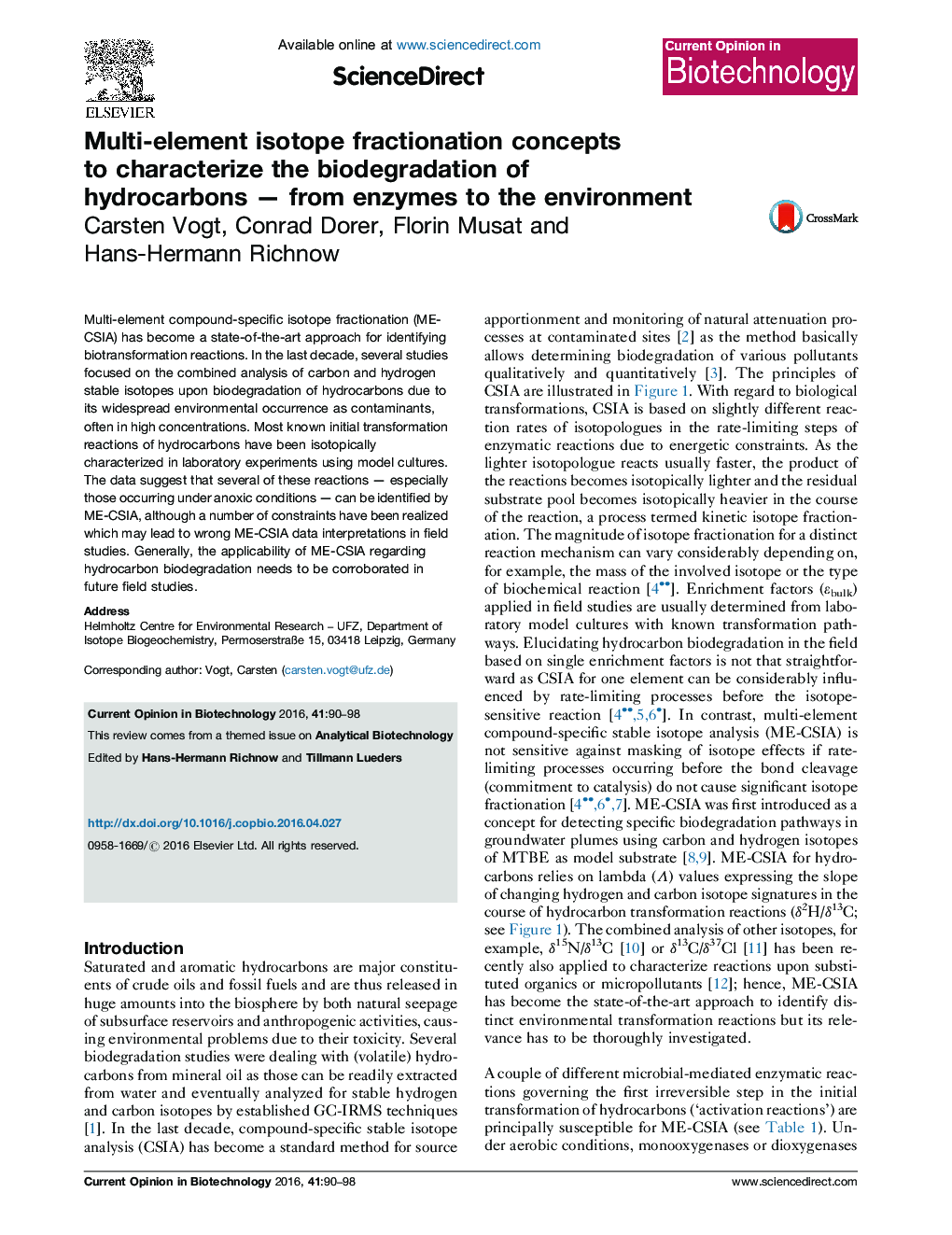 Multi-element isotope fractionation concepts to characterize the biodegradation of hydrocarbons - from enzymes to the environment