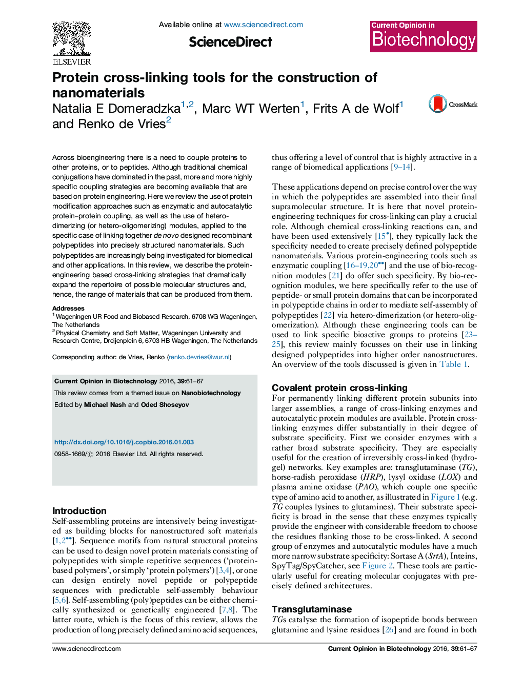 Protein cross-linking tools for the construction of nanomaterials