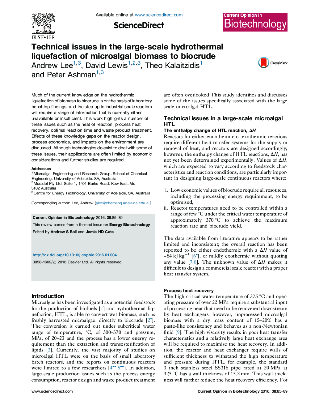 Technical issues in the large-scale hydrothermal liquefaction of microalgal biomass to biocrude