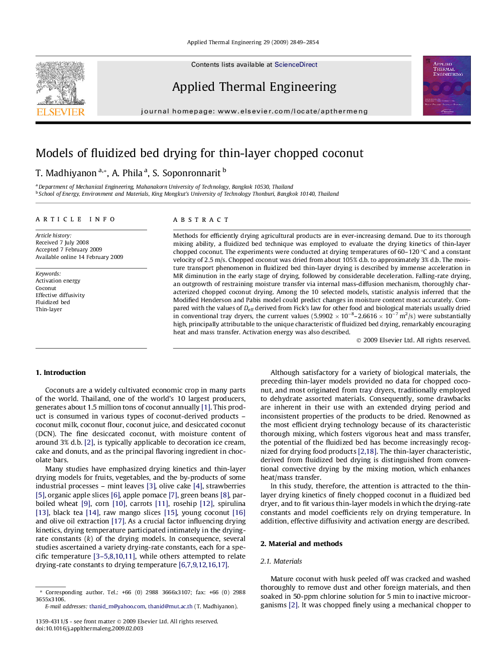 Models of fluidized bed drying for thin-layer chopped coconut