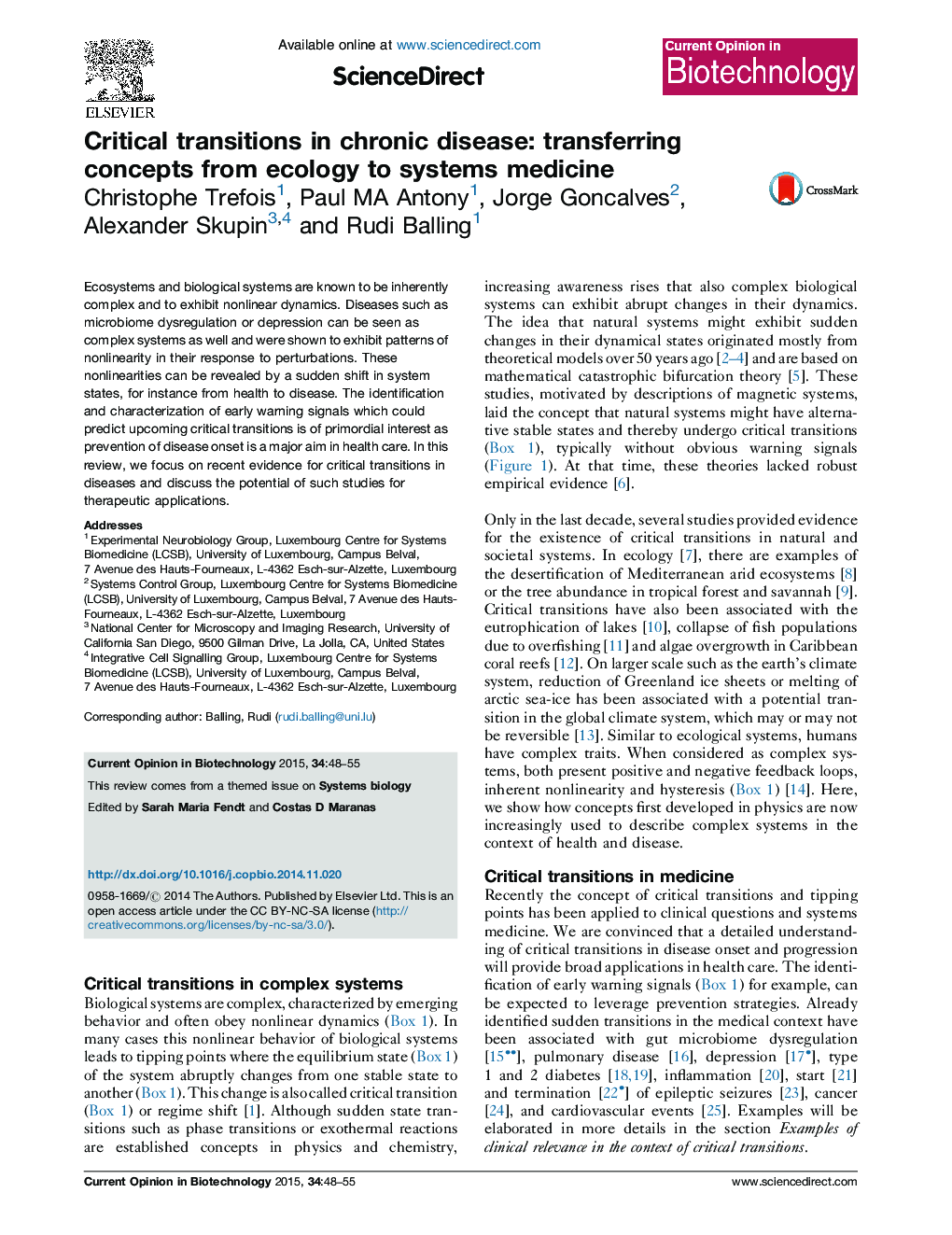 Critical transitions in chronic disease: transferring concepts from ecology to systems medicine