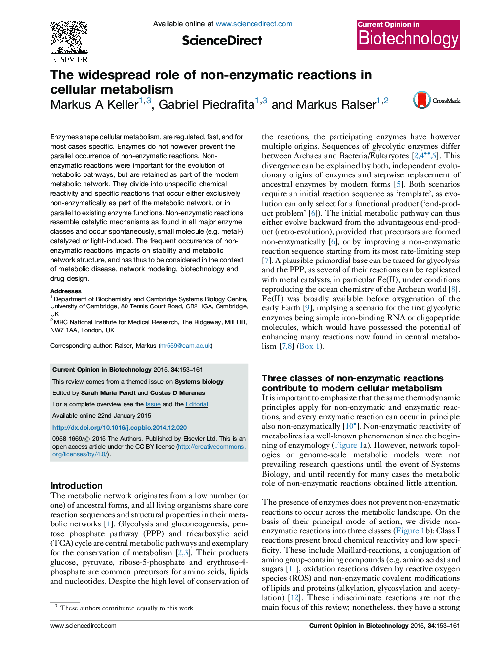 The widespread role of non-enzymatic reactions in cellular metabolism