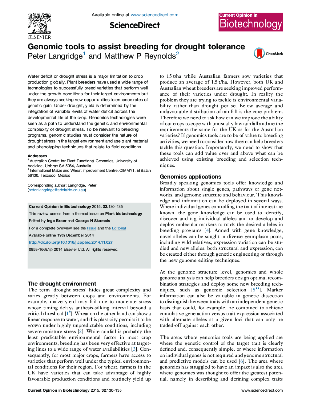 Genomic tools to assist breeding for drought tolerance