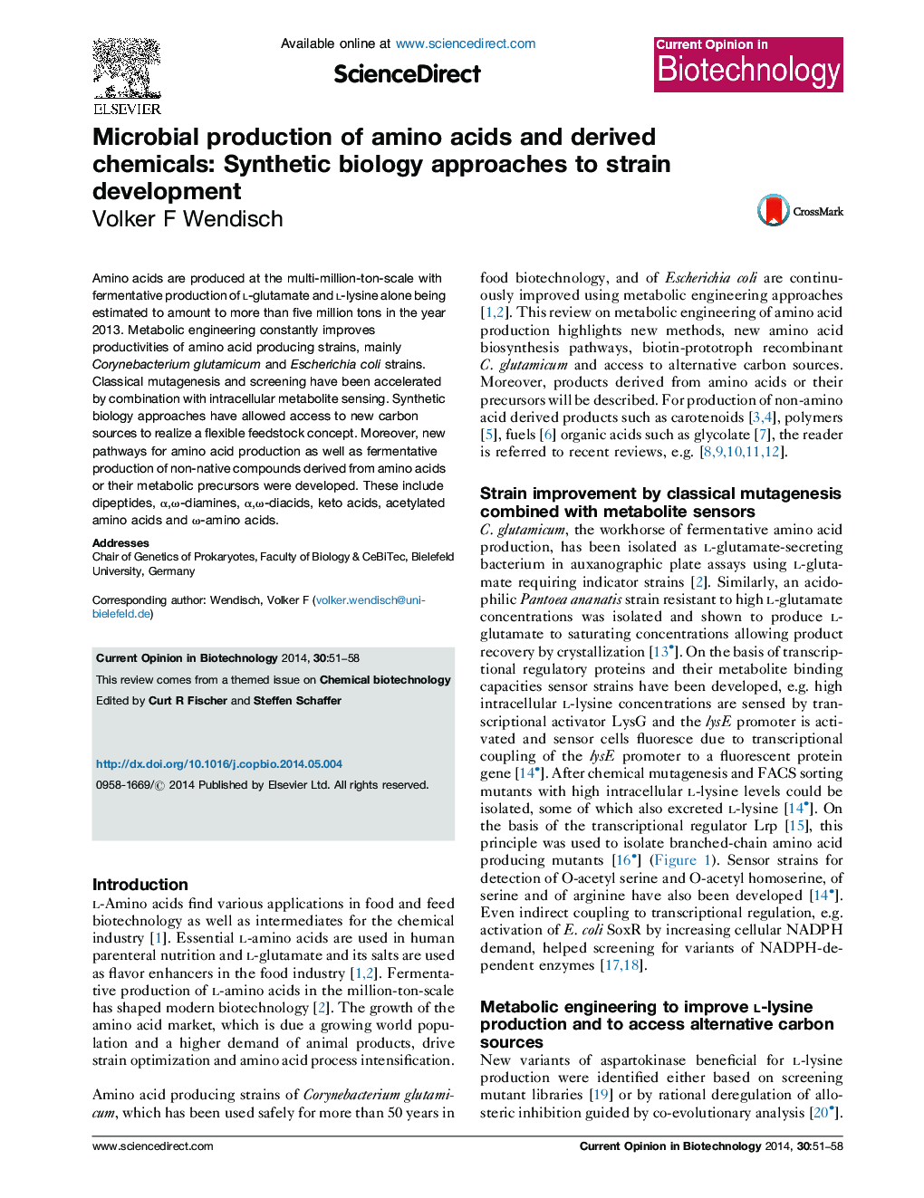 Microbial production of amino acids and derived chemicals: Synthetic biology approaches to strain development