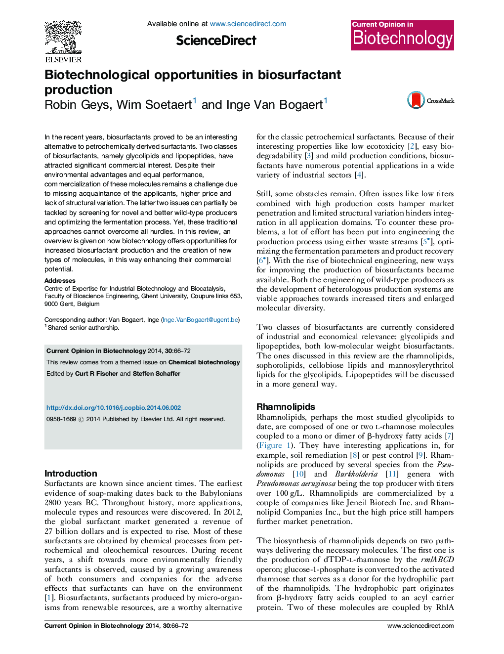 Biotechnological opportunities in biosurfactant production