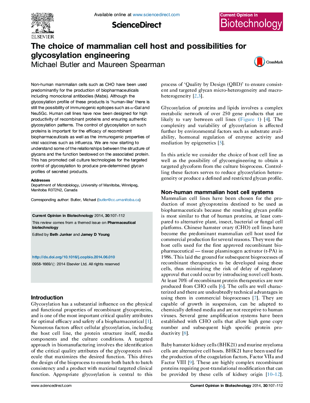 The choice of mammalian cell host and possibilities for glycosylation engineering