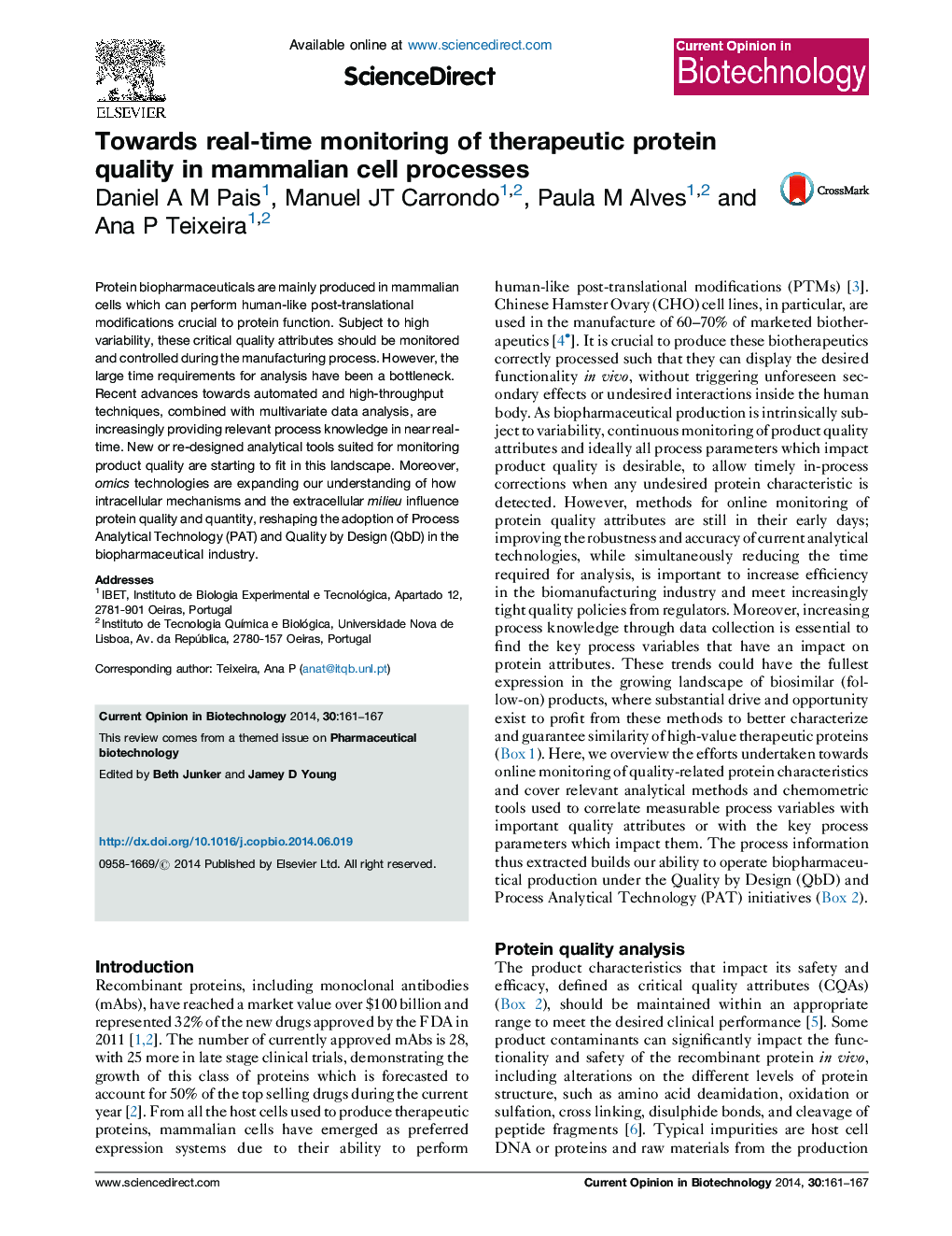 Towards real-time monitoring of therapeutic protein quality in mammalian cell processes