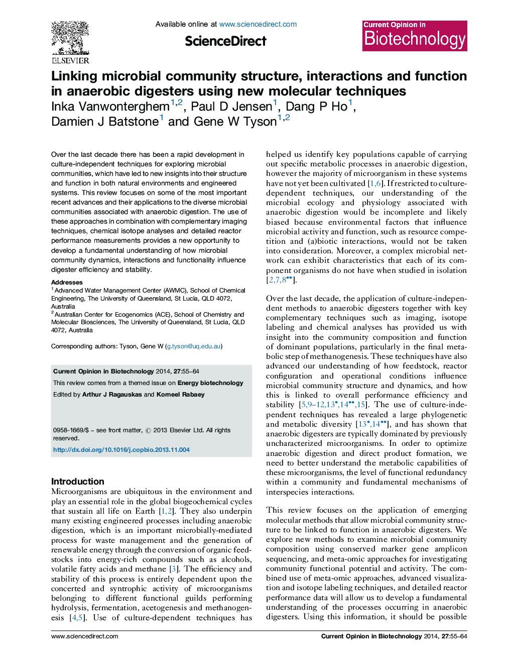 Linking microbial community structure, interactions and function in anaerobic digesters using new molecular techniques