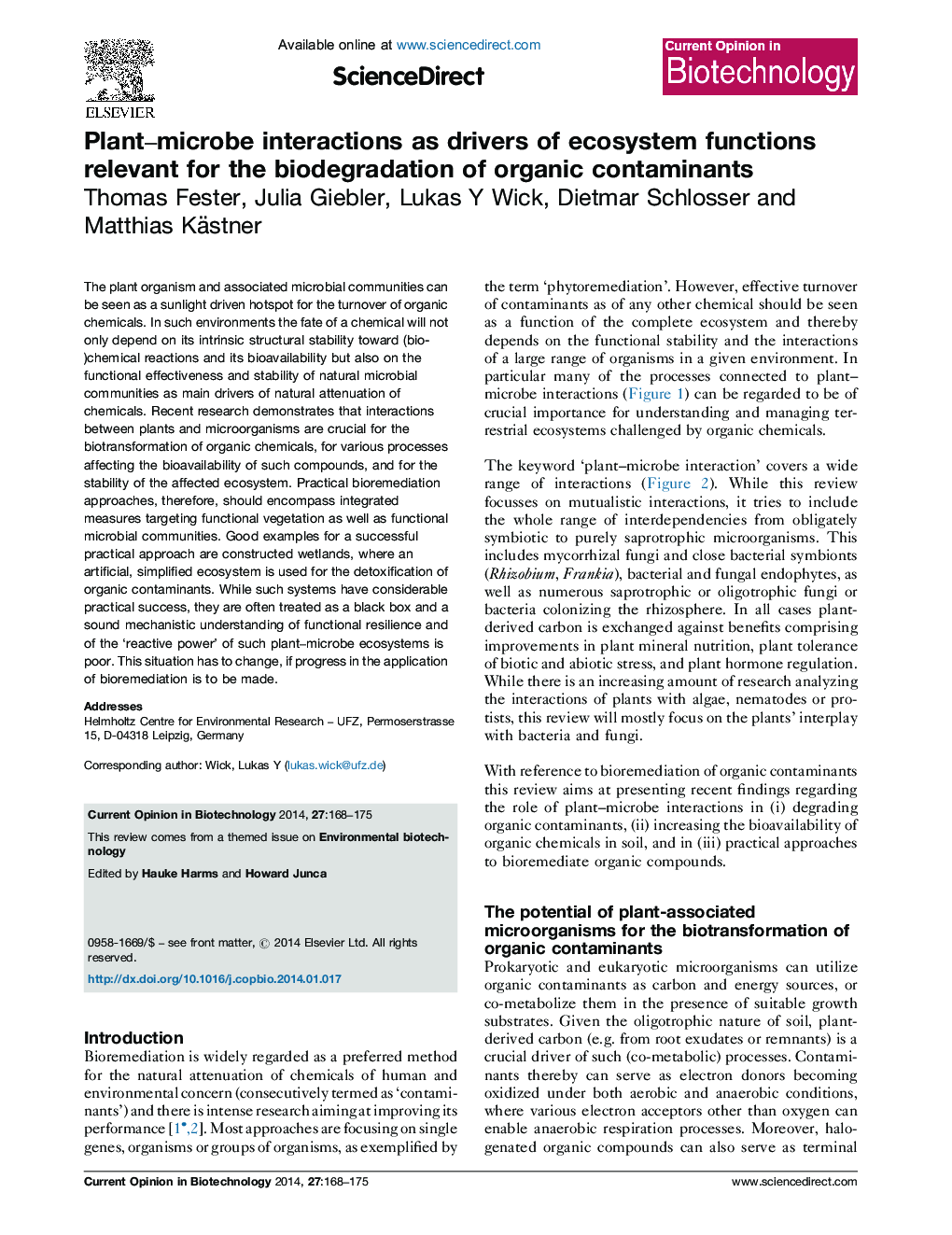 Plant-microbe interactions as drivers of ecosystem functions relevant for the biodegradation of organic contaminants