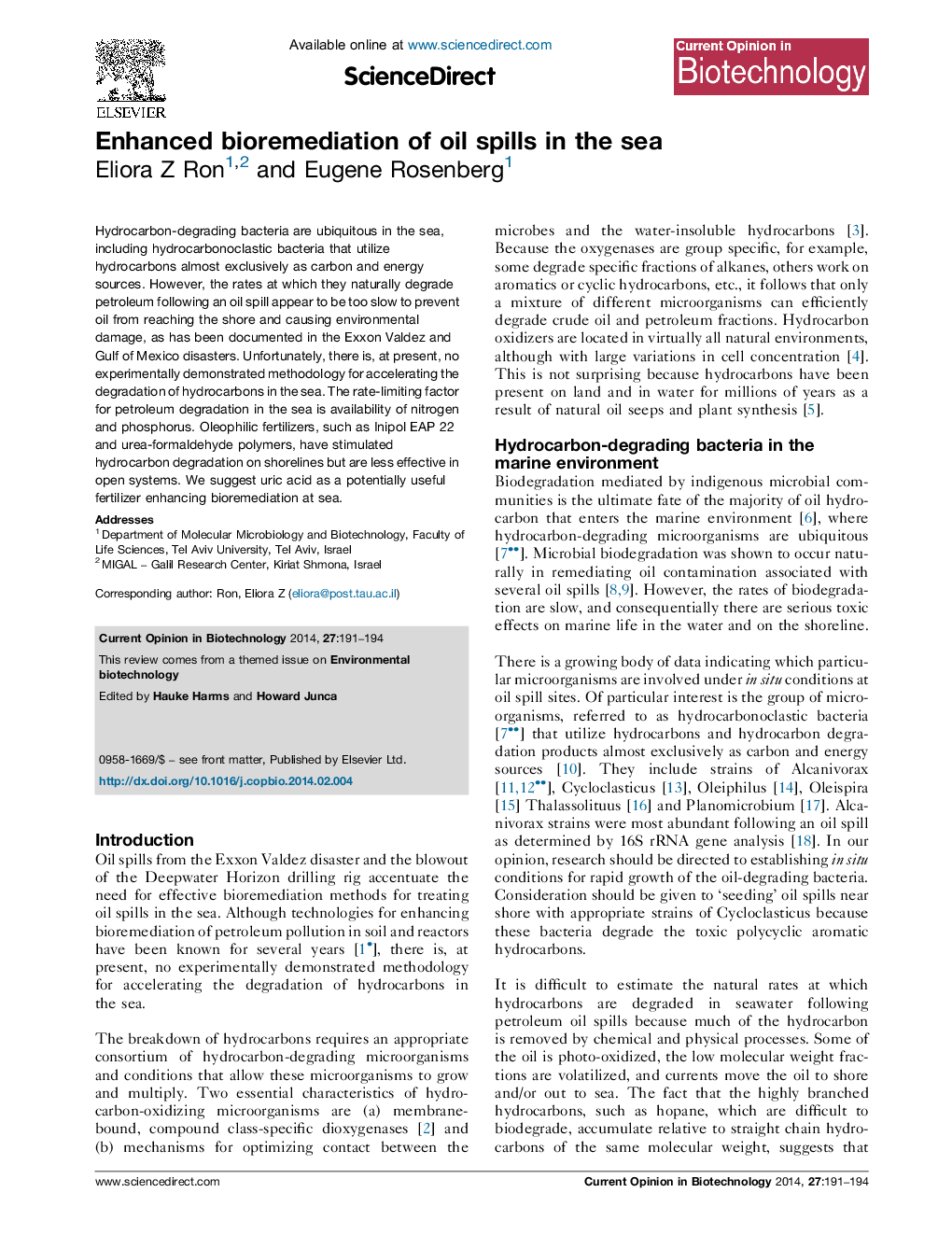 Enhanced bioremediation of oil spills in the sea