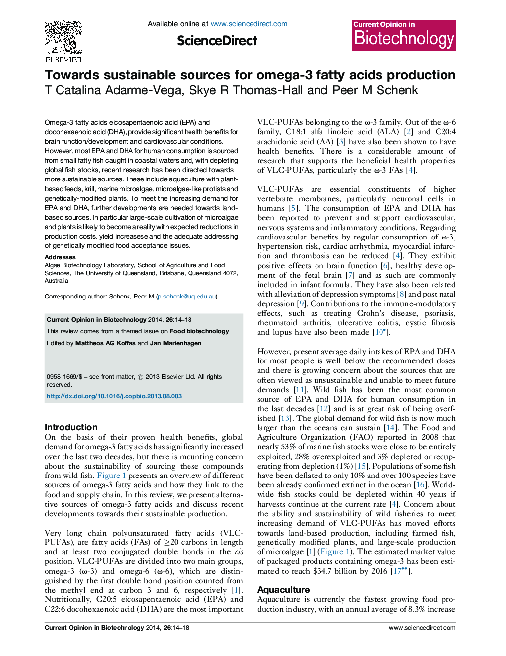 Towards sustainable sources for omega-3 fatty acids production