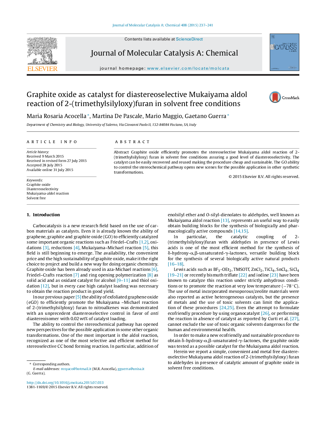 Graphite oxide as catalyst for diastereoselective Mukaiyama aldol reaction of 2-(trimethylsilyloxy)furan in solvent free conditions