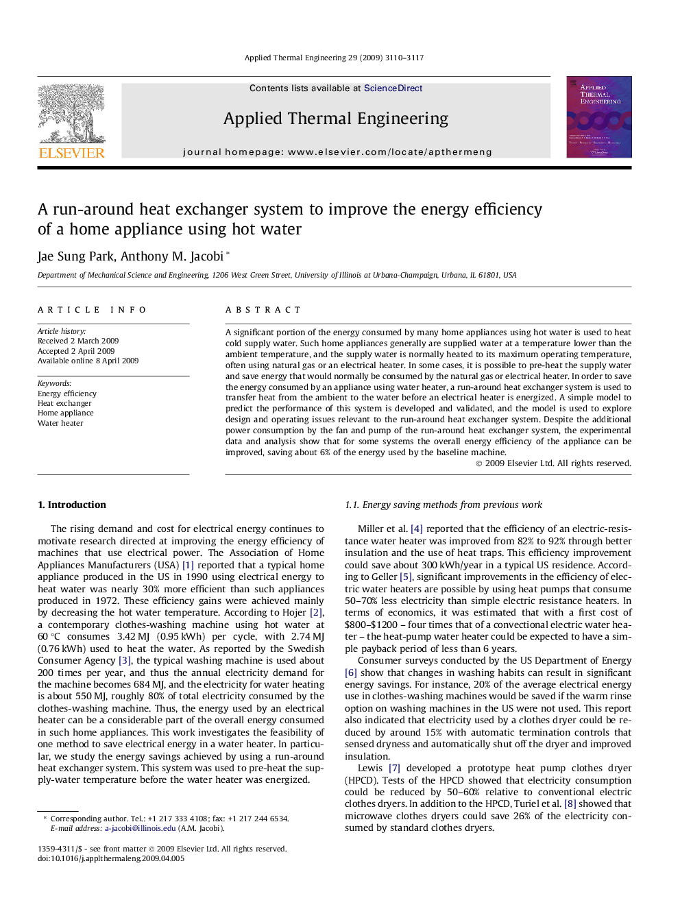 A run-around heat exchanger system to improve the energy efficiency of a home appliance using hot water