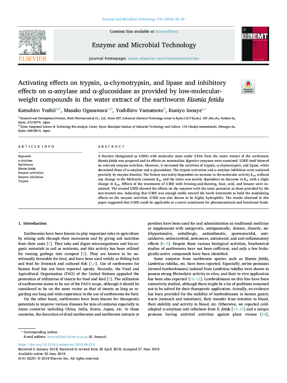 Activating effects on trypsin, Î±-chymotrypsin, and lipase and inhibitory effects on Î±-amylase and Î±-glucosidase as provided by low-molecular-weight compounds in the water extract of the earthworm Eisenia fetida