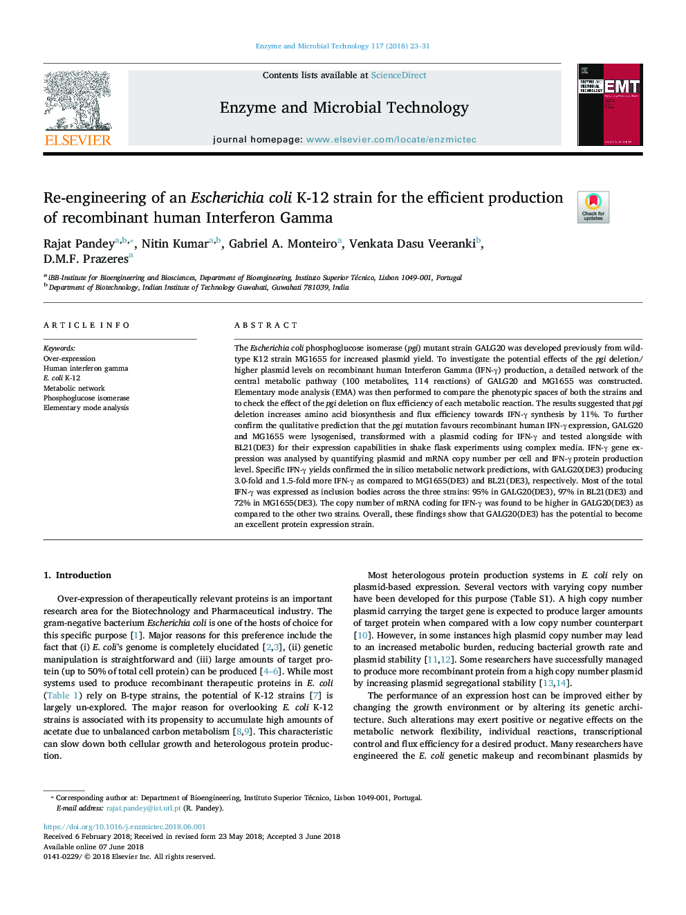 Re-engineering of an Escherichia coli K-12 strain for the efficient production of recombinant human Interferon Gamma