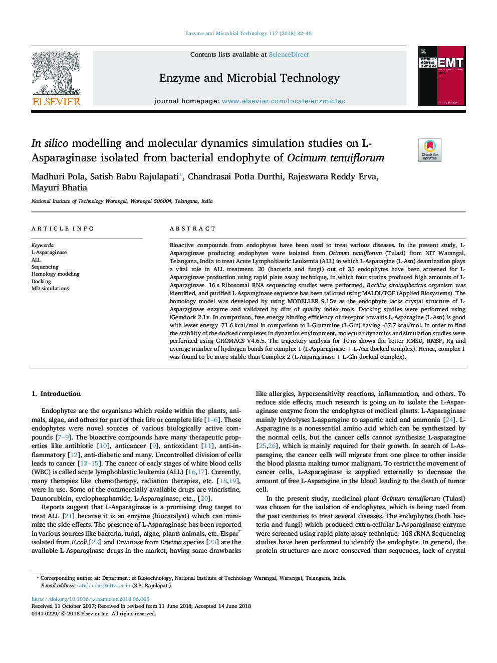 In silico modelling and molecular dynamics simulation studies on L-Asparaginase isolated from bacterial endophyte of Ocimum tenuiflorum