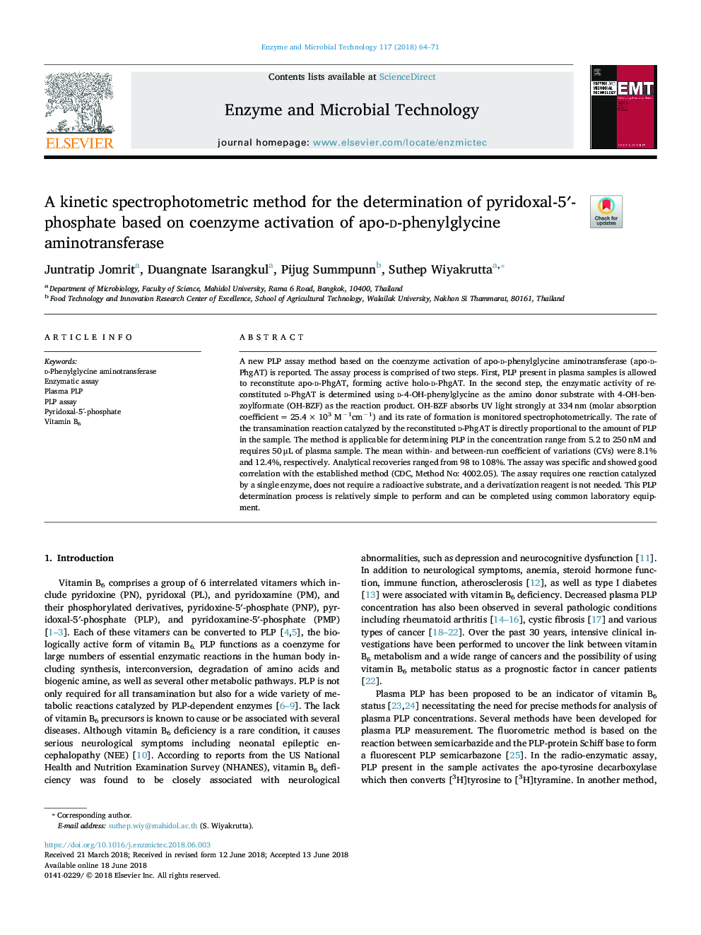 A kinetic spectrophotometric method for the determination of pyridoxal-5â²-phosphate based on coenzyme activation of apo-d-phenylglycine aminotransferase