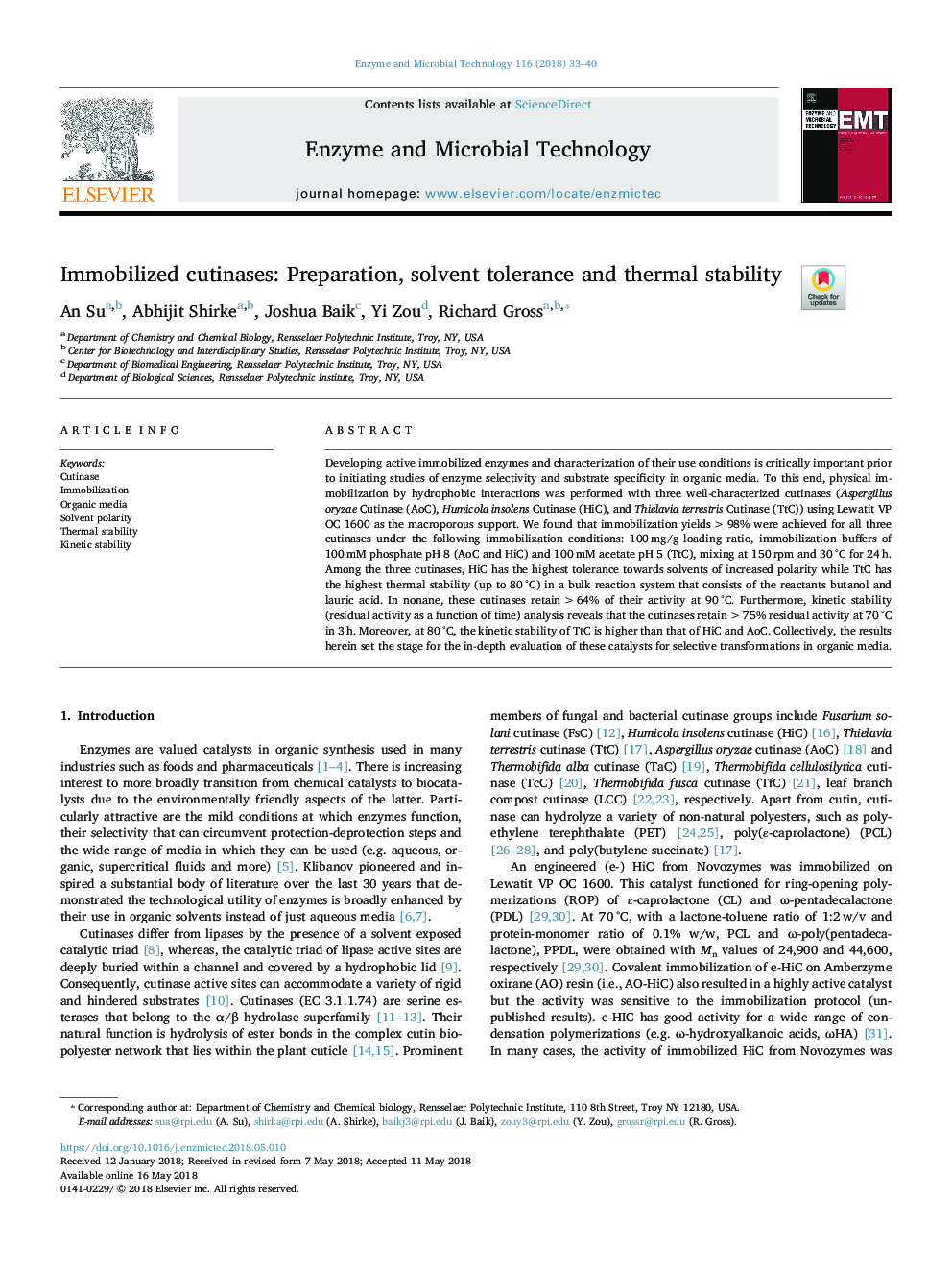 Immobilized cutinases: Preparation, solvent tolerance and thermal stability