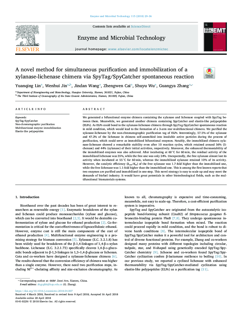 A novel method for simultaneous purification and immobilization of a xylanase-lichenase chimera via SpyTag/SpyCatcher spontaneous reaction