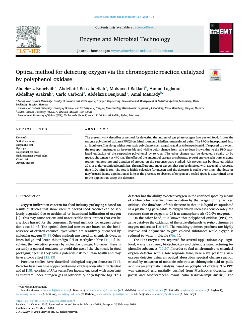 Optical method for detecting oxygen via the chromogenic reaction catalyzed by polyphenol oxidase