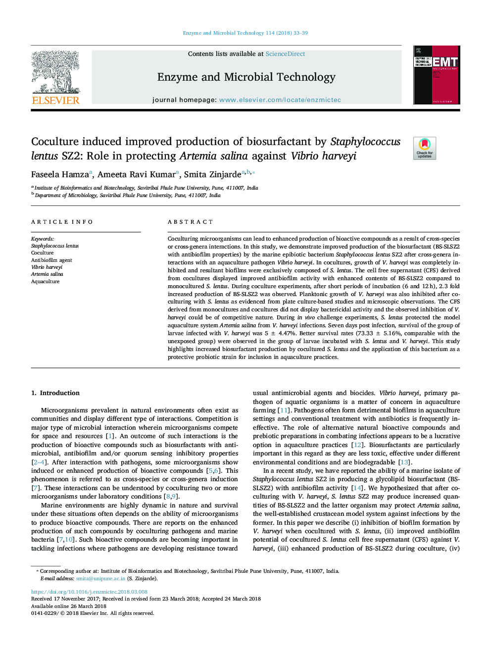 Coculture induced improved production of biosurfactant by Staphylococcus lentus SZ2: Role in protecting Artemia salina against Vibrio harveyi