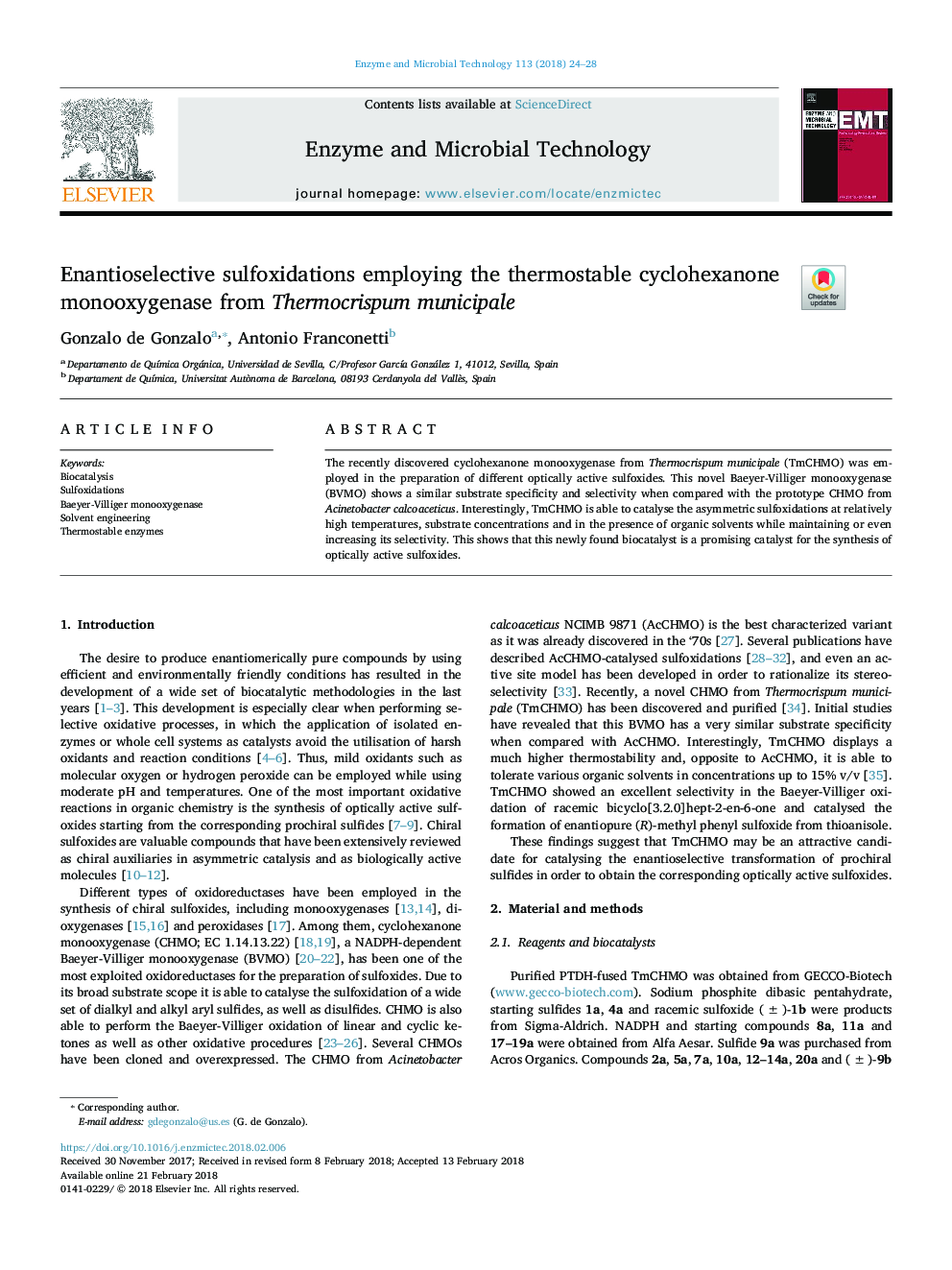 Enantioselective sulfoxidations employing the thermostable cyclohexanone monooxygenase from Thermocrispum municipale