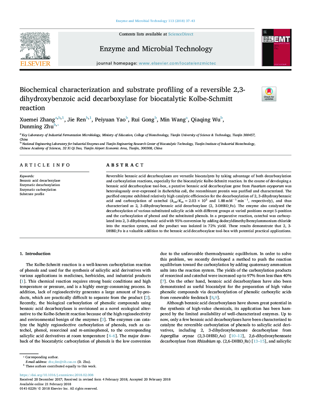 Biochemical characterization and substrate profiling of a reversible 2,3-dihydroxybenzoic acid decarboxylase for biocatalytic Kolbe-Schmitt reaction