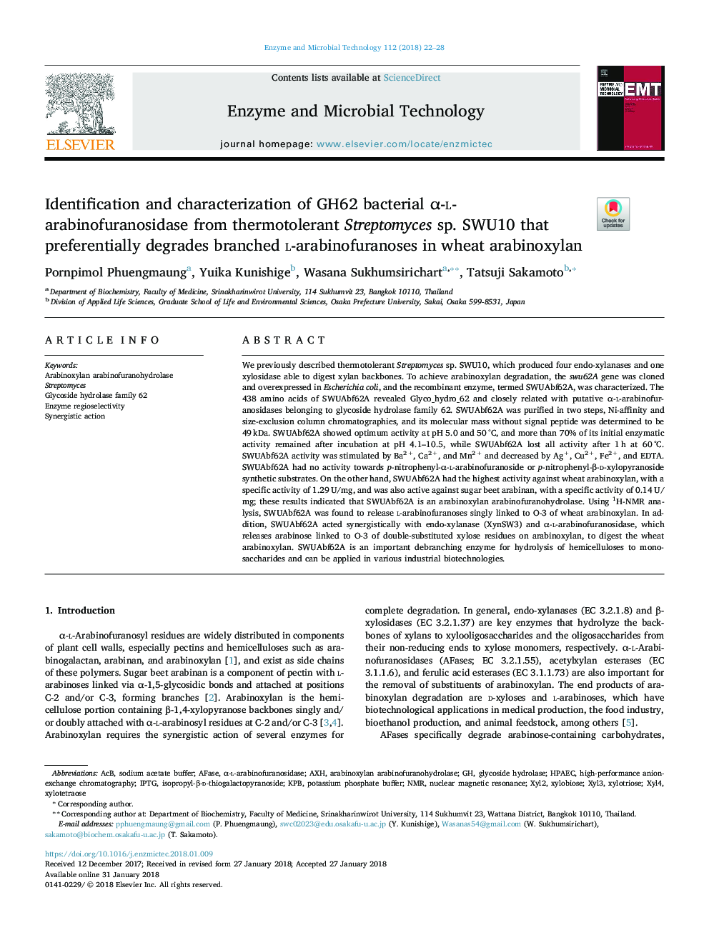 Identification and characterization of GH62 bacterial Î±-l-arabinofuranosidase from thermotolerant Streptomyces sp. SWU10 that preferentially degrades branched l-arabinofuranoses in wheat arabinoxylan