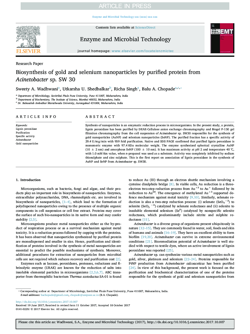 Biosynthesis of gold and selenium nanoparticles by purified protein from Acinetobacter sp. SW 30