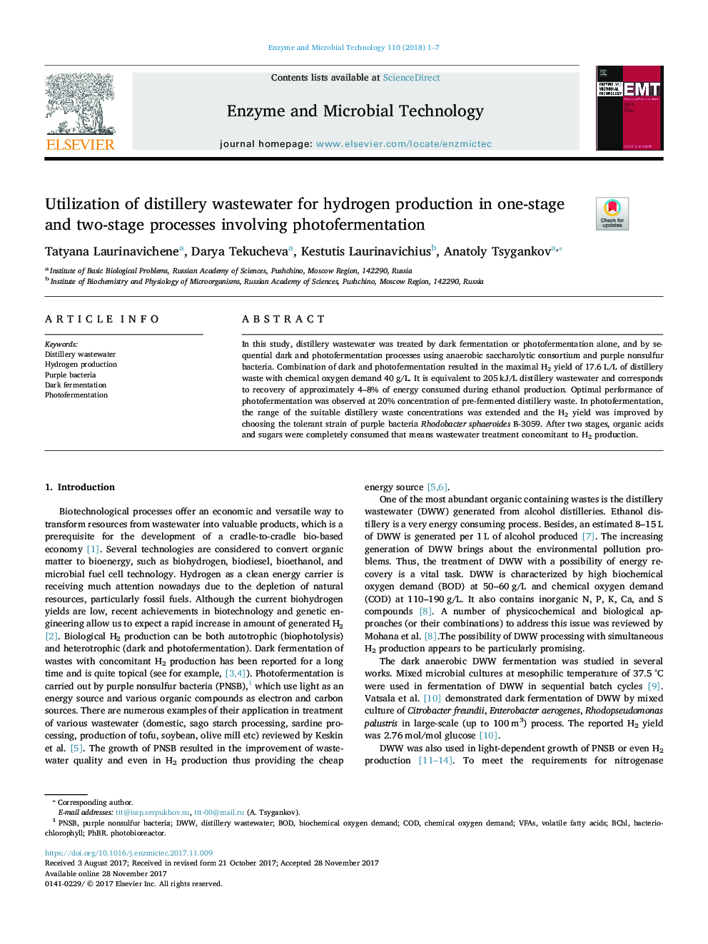 Utilization of distillery wastewater for hydrogen production in one-stage and two-stage processes involving photofermentation