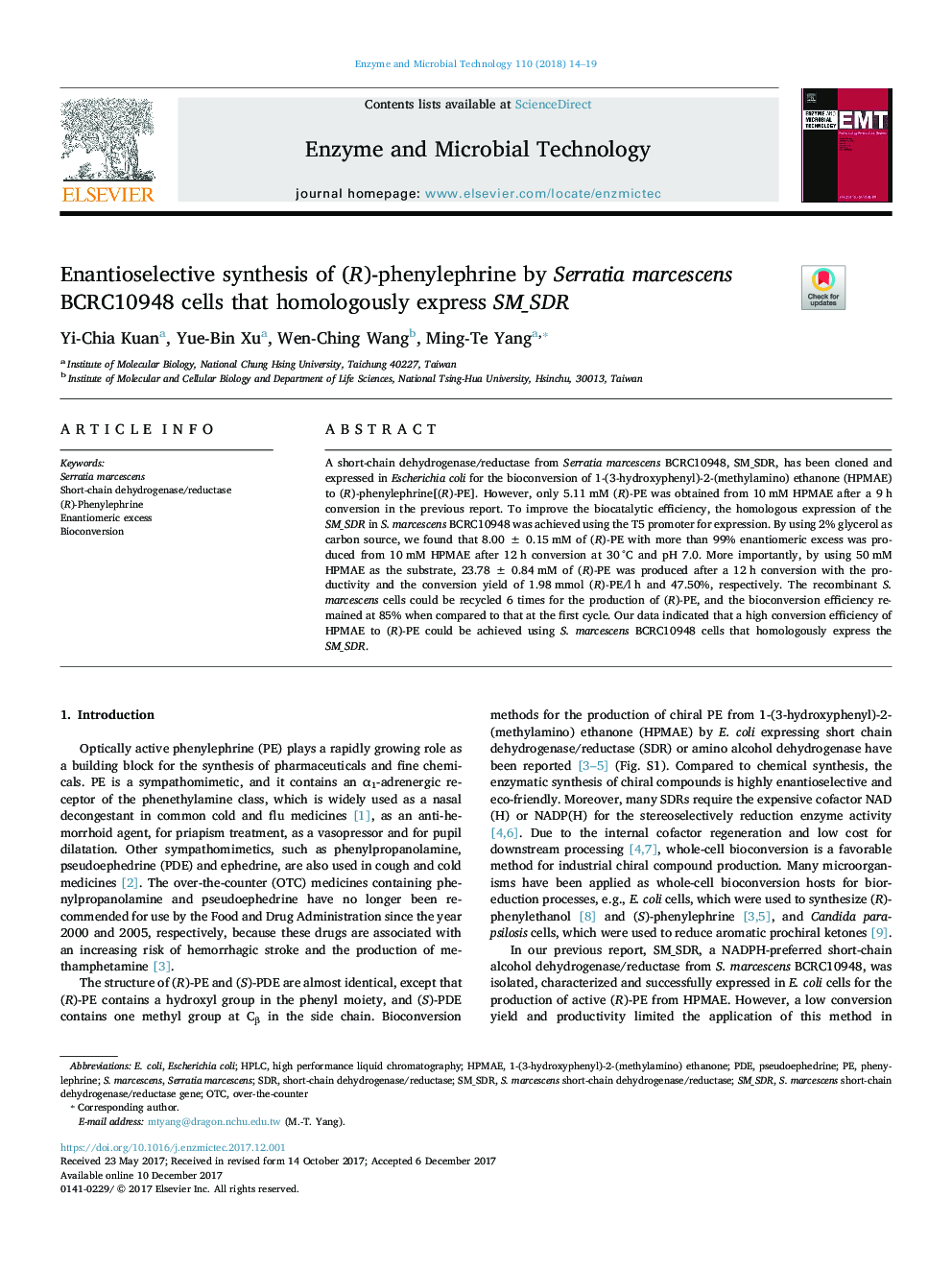 Enantioselective synthesis of (R)-phenylephrine by Serratia marcescens BCRC10948 cells that homologously express SM_SDR