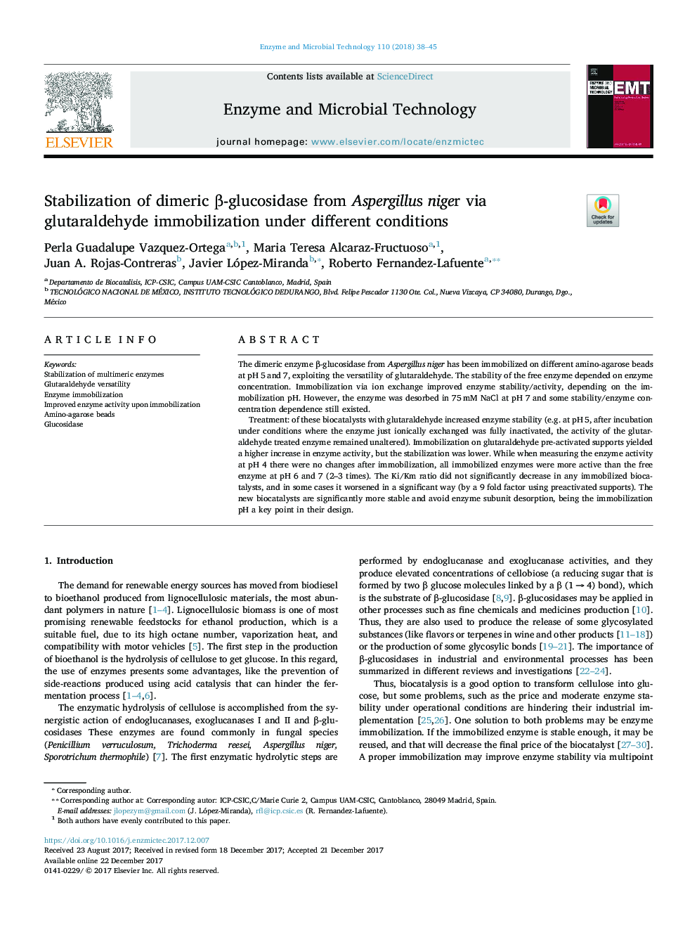 Stabilization of dimeric Î²-glucosidase from Aspergillus niger via glutaraldehyde immobilization under different conditions