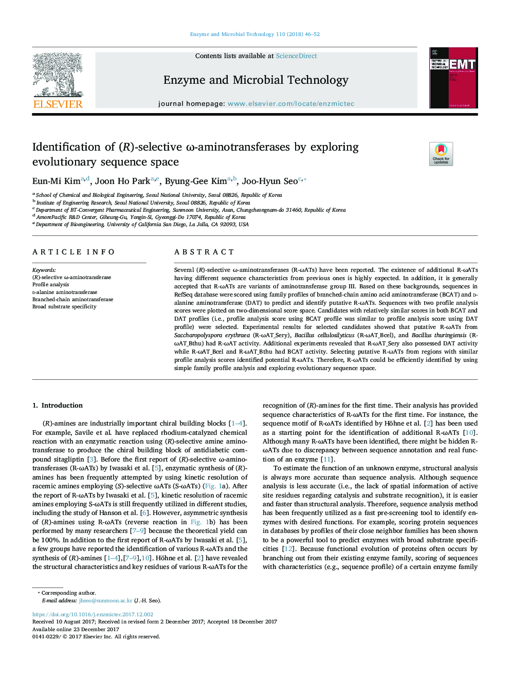 عکس صفحه اول مقاله: Identification of (R)-selective Ï-aminotransferases by exploring evolutionary sequence space Identification of (R)-selective Ï-aminotransferases by exploring evolutionary sequence space