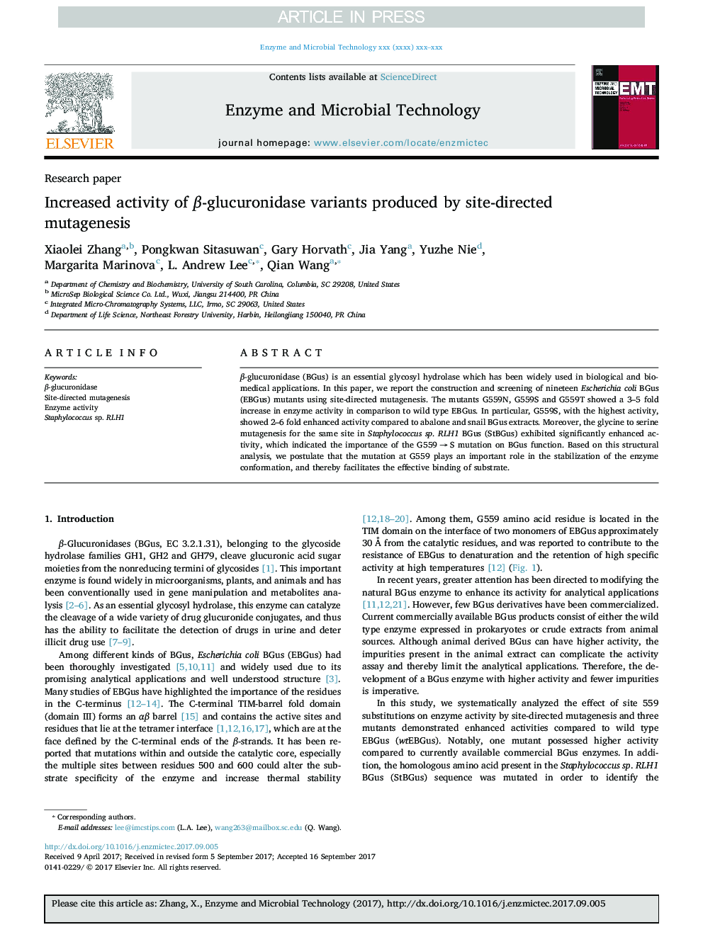 Increased activity of Î²-glucuronidase variants produced by site-directed mutagenesis