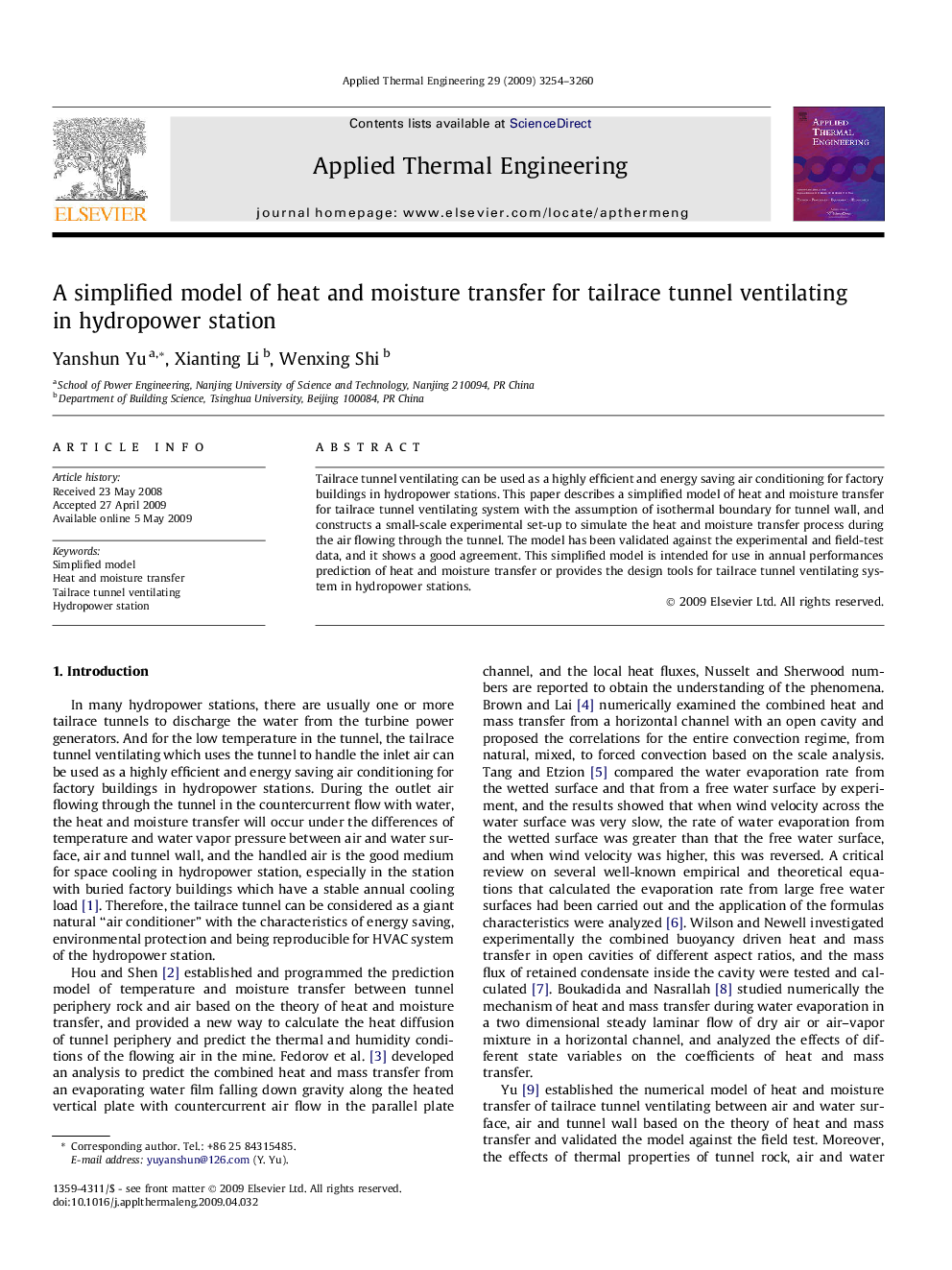 A simplified model of heat and moisture transfer for tailrace tunnel ventilating in hydropower station