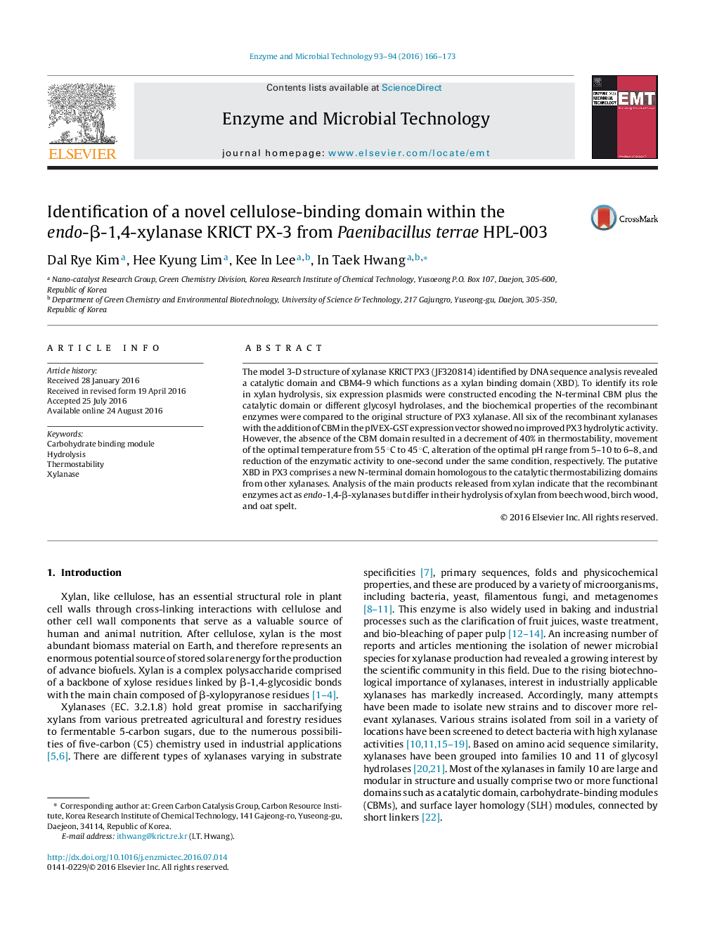 Identification of a novel cellulose-binding domain within the endo-Î²-1,4-xylanase KRICT PX-3 from Paenibacillus terrae HPL-003