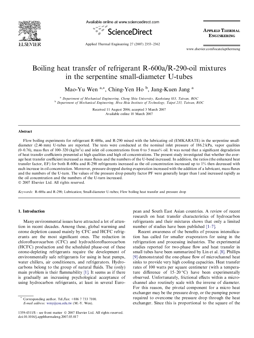عکس صفحه اول مقاله: Boiling heat transfer of refrigerant R-600a/R-290-oil mixtures in the serpentine small-diameter U-tubes Boiling heat transfer of refrigerant R-600a/R-290-oil mixtures in the serpentine small-diameter U-tubes