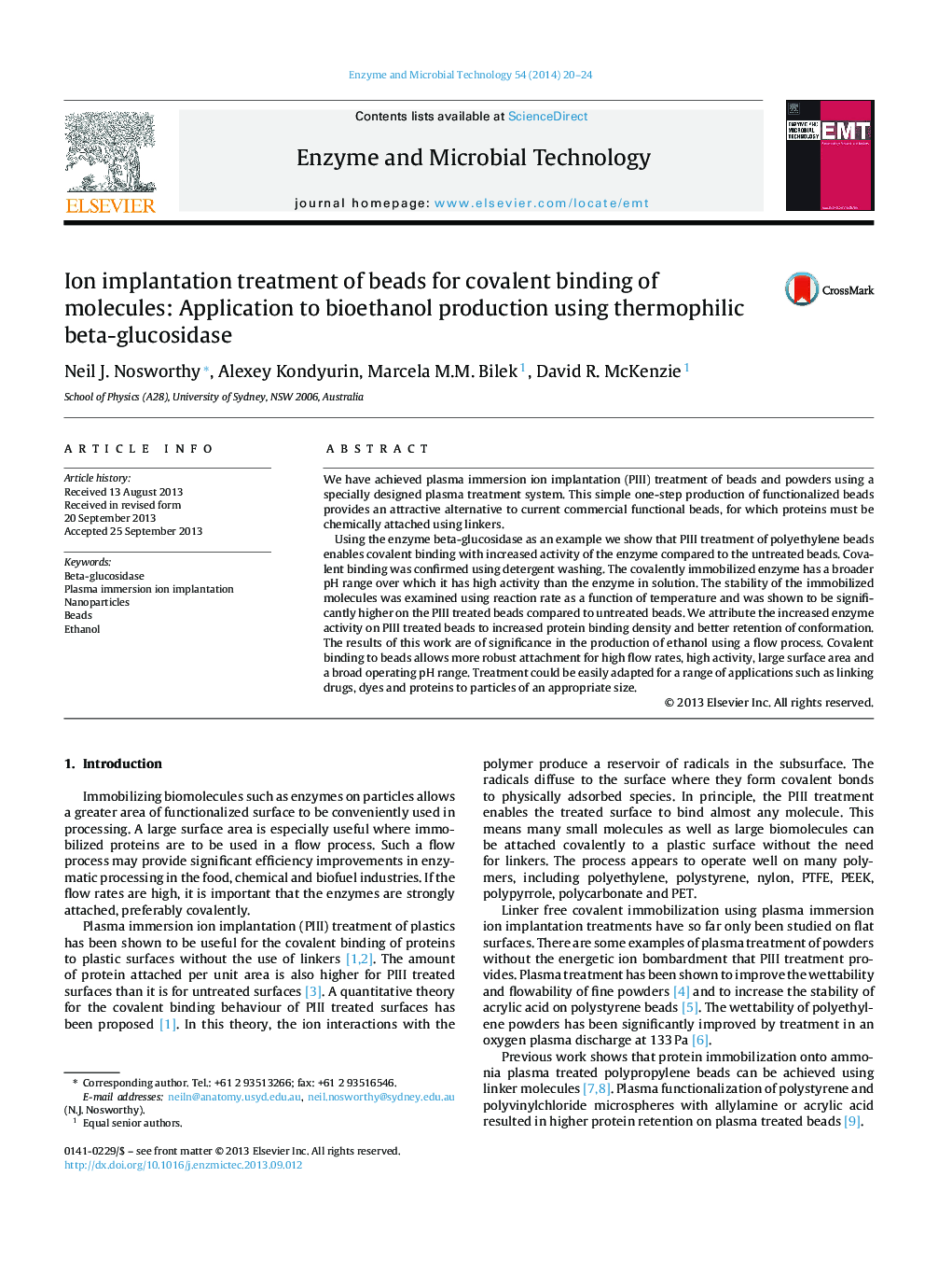 درمان ایمپلنت یونی دانه ها برای اتصال کووالانتی مولکول ها: کاربرد در تولید بیواتانول با استفاده از ترموفیلیک بتا گلوکوزیداز 