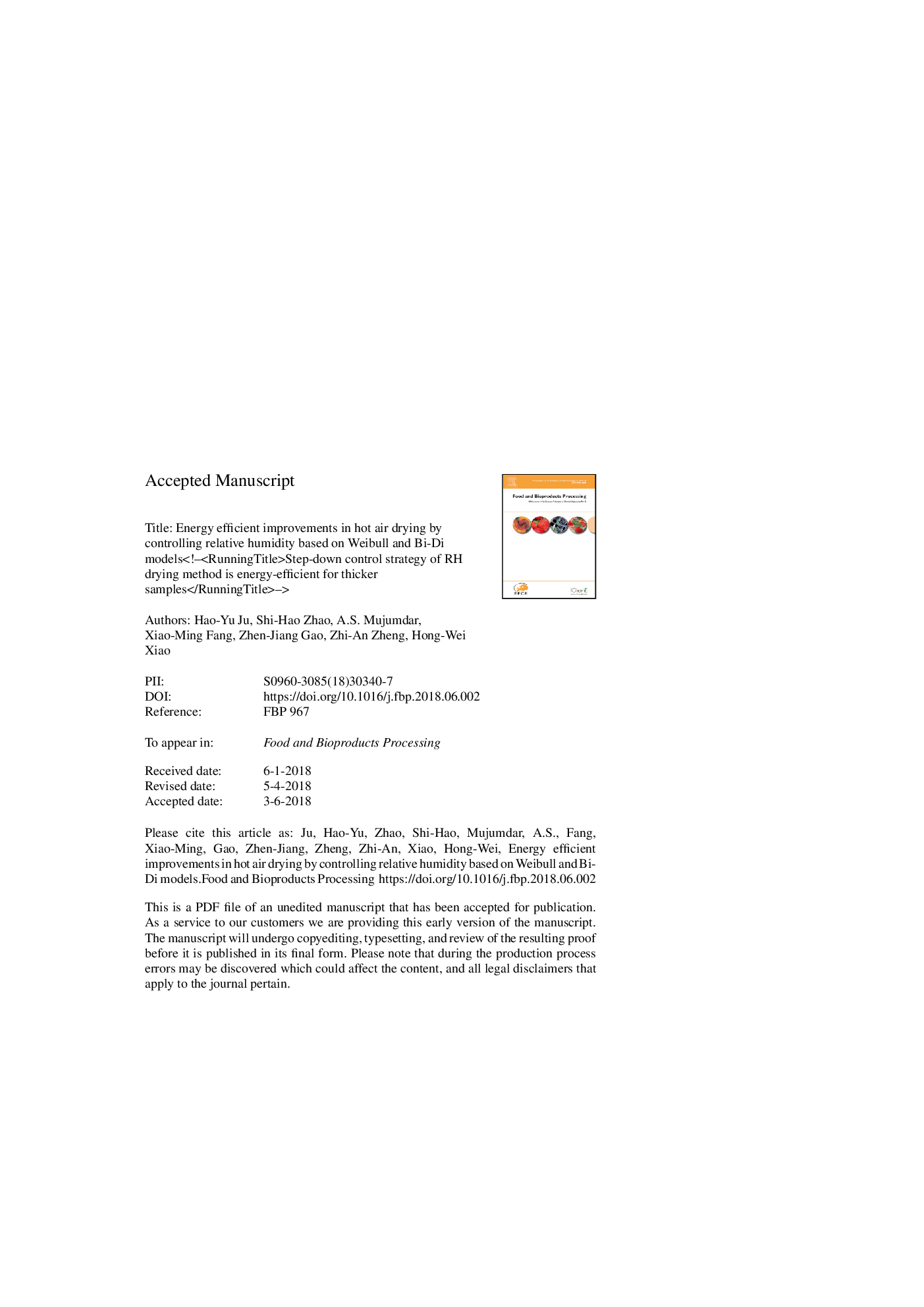 Energy efficient improvements in hot air drying by controlling relative humidity based on Weibull and Bi-Di models